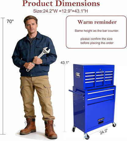 RYH 8 Drawers Rolling Tool Chest & Tool Box on Wheels | Heavy Duty Metal Cart with Ball Bearing Drawers | Fits US General Tool Box for Garage Storage (Blue, 8 Drawers /43.1" H × 24.2" W)