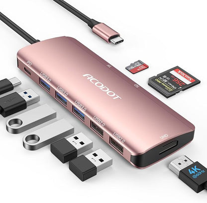 USB C Hub, 9-in-1 Multi-Port USB Adapter, 4K@60Hz HDMI, 100W Max PD, 3 USB3.0(5Gbps) + 2 USB2.0 Data Ports, SD/TF Card Reader for MacBook, iPad Pro, Dell, HP, Lenovo, Windows Laptop, Rose Gold