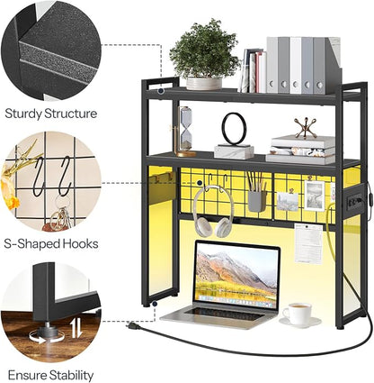 HOOBRO Desktop Bookcase, 2-Tier Office Desktop Organizer, 29.9" Wooden Storage Rack with Outlets, Display Shelf Rack with Light Strip, Desk Hutch for Office, Black BB11UDSJ01