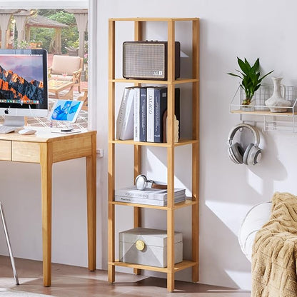 YUFAM 54in Tall Bookshelf 5-Tier Small Narrow Bookcase, Skinny Book Shelf for Small Space, Farmhouse Slim Shelf with Storage, Wood Freestanding Display Thin Bookshelves for Living Room, Natural