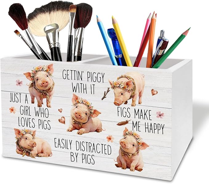 Funny Rustic Floral Pig Pen Holder for Desk, Pig Lover Gifts for Women Wooden Box Sign Desk Decor for Home Office Decoration, Rustic Farmhouse Animal Pencil Organizer