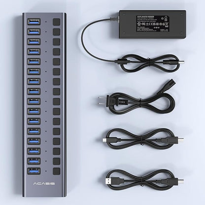 Powered USB 3.2 Hub, ACASIS 16 Ports USB 3.2 Hub with 10Gbps Data Speed，Aluminum Housing, USB Hub Powered with 96W Power Adapter, USB Hub for PC/Laptop, Computer, Flash Drive, Printer, Camera