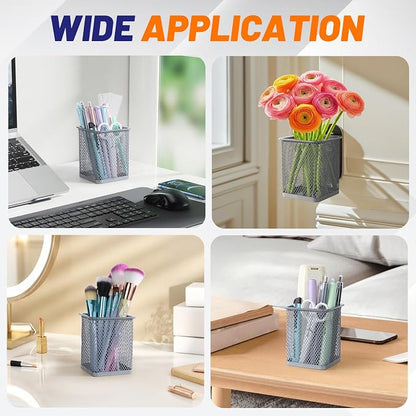 Segarty Pen Cup Holder, 12 Pack Square Silver Pen Holder for Desk, Multifuntional Mesh Pencil Cups Containers for Marker, Office Supplies, School Students, Home Desktop, Brush Organizer