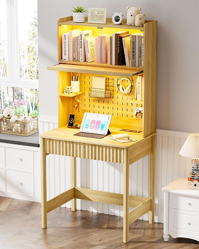 HNEBC Natural Computer Desk - with Power Outlets & Chariging Station,Small Writing Desk with Hutch and Drawers,66.3''H Office Desk with Pull-Out LED Lights,Pop-up Glass Door,Pegboards,Bedroom