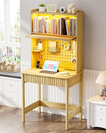 HNEBC Natural Computer Desk - with Power Outlets & Chariging Station,Small Writing Desk with Hutch and Drawers,66.3''H Office Desk with Pull-Out LED Lights,Pop-up Glass Door,Pegboards,Bedroom