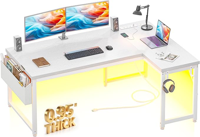 DurayLoly 55" 0.95 Thicker L Shaped Computer Desk for Home Office, White | Reversible Corner Desk with Power Outlet,Gaming Desk with LED Lights,Computer Desk for 2 Monitor,Study Room,Bedroom