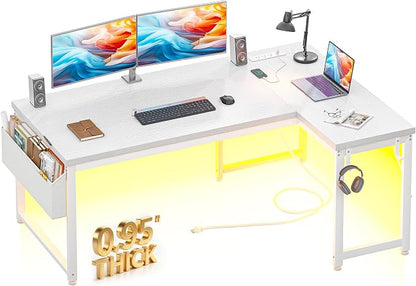 DurayLoly 55" 0.95 Thicker L Shaped Computer Desk for Home Office, White | Reversible Corner Desk with Power Outlet,Gaming Desk with LED Lights,Computer Desk for 2 Monitor,Study Room,Bedroom