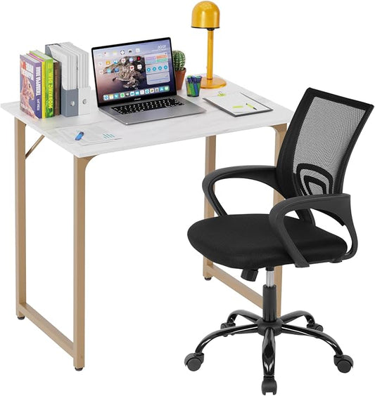 PayLessHere 32 Inch Home Office Desk and Chair Set,32 Inch Computer Desk with Ergonomic Height Adjustable Office Chair for Home Office,White&Black