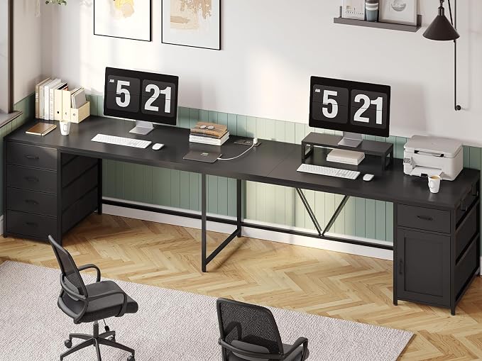 SEDETA L Shaped Desk, 63'' Corner Desk with 5 Drawer & Power Outlet, Larger Home Office Desk or Gaming Desk, L Shaped Corner Desk with Monitor Shelf, Storage Cabinet, Black