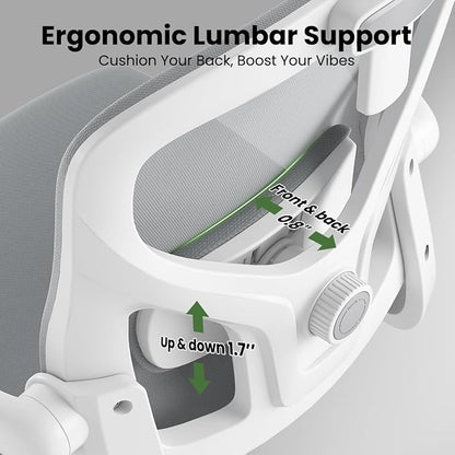 Soohow Office Chair, Ergonomic Office Mesh Desk Chair with Adjustable Back Support, High Back Comfy Computer Swivel Chair with Headrest, Lumbar Support for Study Room, Gaming and Office, White & Grey