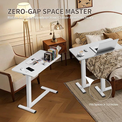 Ywin Medical Adjustable Overbed Bedside Table with Wheels, Rolling Standing Desk, Pneumatic Small Side Bed Table with Tray for Couch, Hospital, Home,Office Use (White)