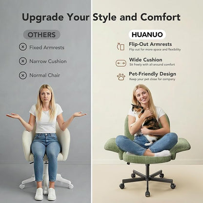 HUANUO Criss Cross Office Chair for Women, Cross Legged Desk Chair with Adjustable Armrests, Soft Corduroy Fabric for Small Spaces, Petite Home Office Computer Chair for Girls, Light Green