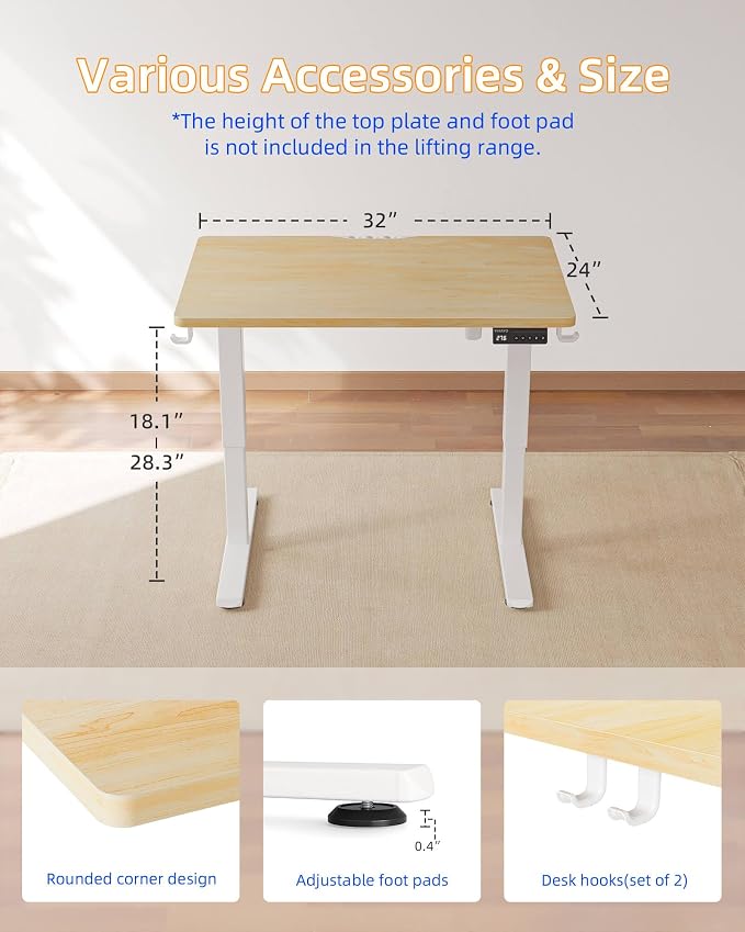 YIHAYO One-Piece Low Height Adjustable Desk, Lifts 18.1-28.3 Inches, Electric Standing Desk for Short People, 32 x 24 Inches Computer Table with Splice Board for Home Office, Natural