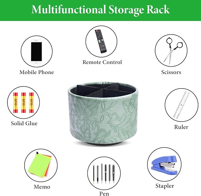 Round Leather Art Supply Organizer,Remote Control Holder,360 Degree Spinning,Multi-Functional Pencil Holder,4 Compartments Desktop Stationary Organizer(1-Carved Dark Green)