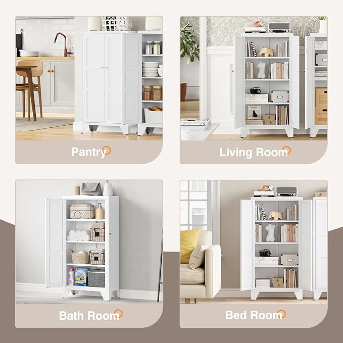 Yizosh Metal Storage Cabinet with 2 Doors and 3 Adjustable Shelves - 47" White Kitchen Pantry Storage Cabinet Locker for Kitchen,Living Room,Dining Room
