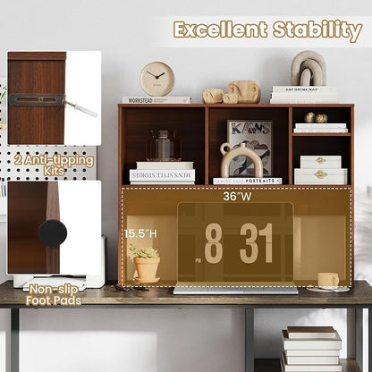 LDAILY Desktop Bookshelf, 2-Tier Office Desk Shelf Organizer Desk Hutch with 4 Shelves, 37’’L Wood Storage Rack Display Shelf for Computer Desk, Office, College Dorm, Bedroom (Walnut)