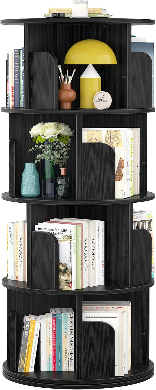 Aheaplus Rotating Bookshelf, 360 Revolving Bookshelf Tower for Small Space, 4 Tier Floor Standing Bookcase Storage Rack, Wood Narrow Book Shelf Organizer for Bedroom, Living Room, Study Room, Black