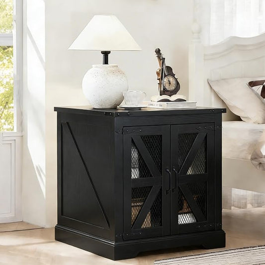 Farmhouse End Table Set with Charging Station, Black Living Room Tables with Hidden Storage, Rustic Wood Furniture for Home and Office