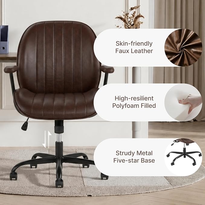 KISLOT Ergonomic Home Office Chair with Removable Arms, Adjustable Swivel Desk Chair with Wheels, Modern Faux Leather Computer Chair with Lumbar Support, Set of 2, Espresso