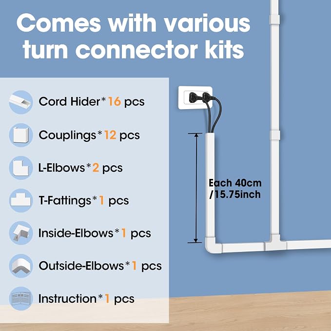 250in Cord Hider Kit, Cord Covers for Wires on Wall, Paintable Cable Raceway, Cord Hider for Wall Mount tv, tv Cable Hider Wall kit, Wire Covers for Cords, 16X L15.75 X W0.96in X H0.57in, White