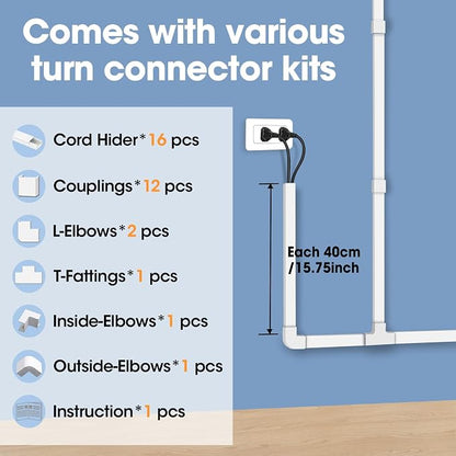 250in Cord Hider Kit, Cord Covers for Wires on Wall, Paintable Cable Raceway, Cord Hider for Wall Mount tv, tv Cable Hider Wall kit, Wire Covers for Cords, 16X L15.75 X W0.96in X H0.57in, White