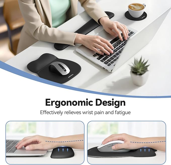 TECKNET Gel Mouse Pad with Wrist Rest, 3 in 1 Keyboard Wrist Rest for Pain Relief, Non-Slip PU Base & Easy Typing, Ergonomic Mousepad Set for Office & Home（Black）