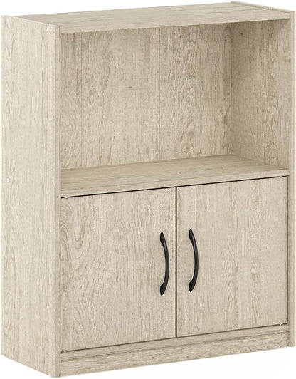 Furinno GRUEN Book Shelf, 2-Tier Small Bookshelf, Bookcase with Open Shelf and Doors Storage Cabinet, 9.3 x 21.8 x 27, for Organization, for Living Room, Bedroom, Home Office, Metropolitan Pine
