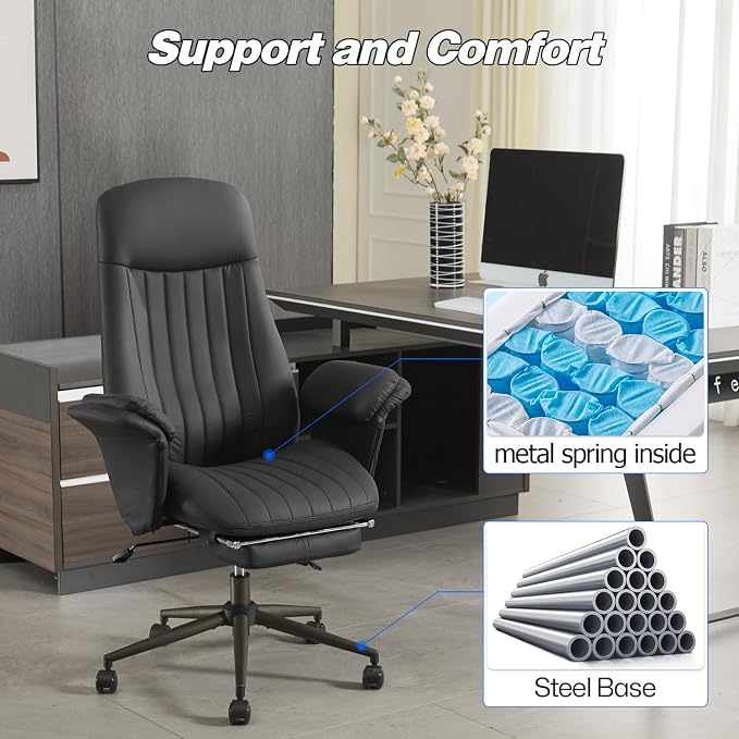 Home Office Desk Chair with Foot Rest, High Back Office Ergonomic Computer Chair with Lumbar Support Adjustable Height Rolling Swivel Chair Executive Task Armrests Black Leather
