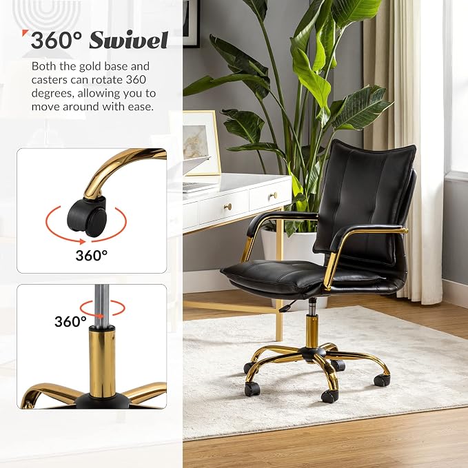 HULALA HOME Faux Leather Home Office Desk Chair, Adjustable Swivel Computer Chair with Golden Legs and Arms, Comfy Upholstered Task Chair, Black