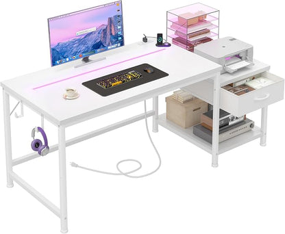 DurayLoly 48" White Desk with Printer Shelf & Power Outlets – Reversible Computer Desk with LED Lights, Drawer & Headphone Hook for Dorm,Teens Study Room,White