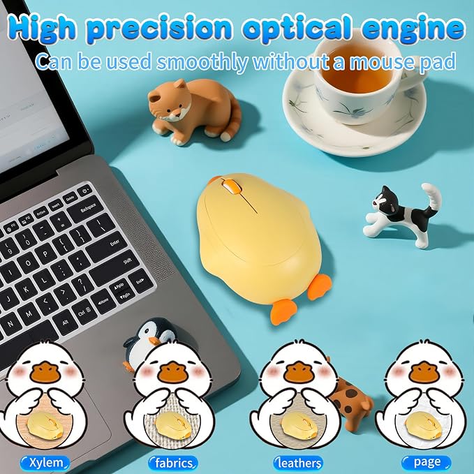 Cute Duck Bluetooth Wireless Mouse -Rechargeable,Dual Mode Connection, Silent Scroll Wheel, 1600 DPI - Perfect for Laptops, PCs, and Tablets (Yellow)