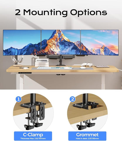 Pholiten Triple Monitor Mount for Desk, 2 Gas Spring Monitor Arms for 17-32 inches Screen, Fully Adjustable Heavy Duty Monitor Mount with Clamp & Grommet Mounting, Each Arm Holds 22 lbs