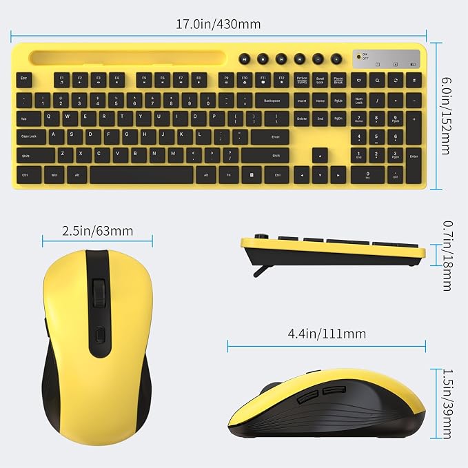 Wireless Keyboard and Mouse Combo, MARVO 2.4G Ergonomic Wireless Computer Keyboard with Phone Tablet Holder, Silent Mouse with 6 Button, Compatible with MacBook, Windows (Yellow)