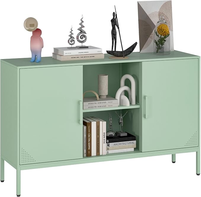 Steehoom Metal TV Stand for 65 Inch TV, Metal Storage Cabinet Sideboard Buffet Cabinet Coffee Bar 2 Door Locker Pantry for Office Home Kitchen (Green, 47.24" D x 13.78" W x 29.53" H)