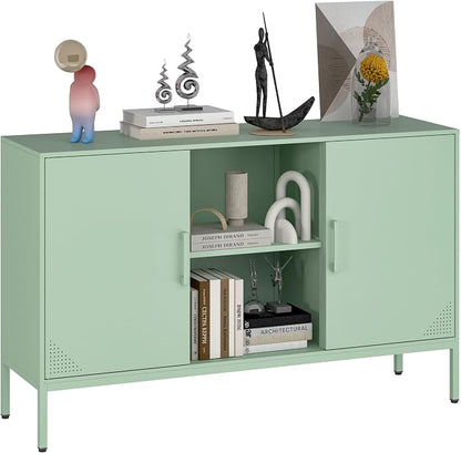 Steehoom Metal TV Stand for 65 Inch TV, Metal Storage Cabinet Sideboard Buffet Cabinet Coffee Bar 2 Door Locker Pantry for Office Home Kitchen (Green, 47.24" D x 13.78" W x 29.53" H)