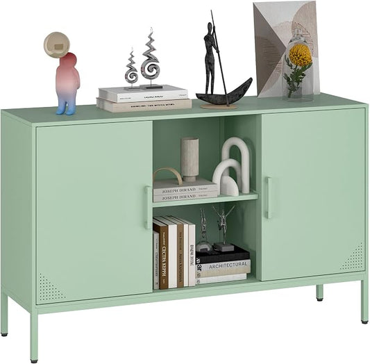 Steehoom Metal TV Stand for 65 Inch TV, Metal Storage Cabinet Sideboard Buffet Cabinet Coffee Bar 2 Door Locker Pantry for Office Home Kitchen (Green, 47.24" D x 13.78" W x 29.53" H)