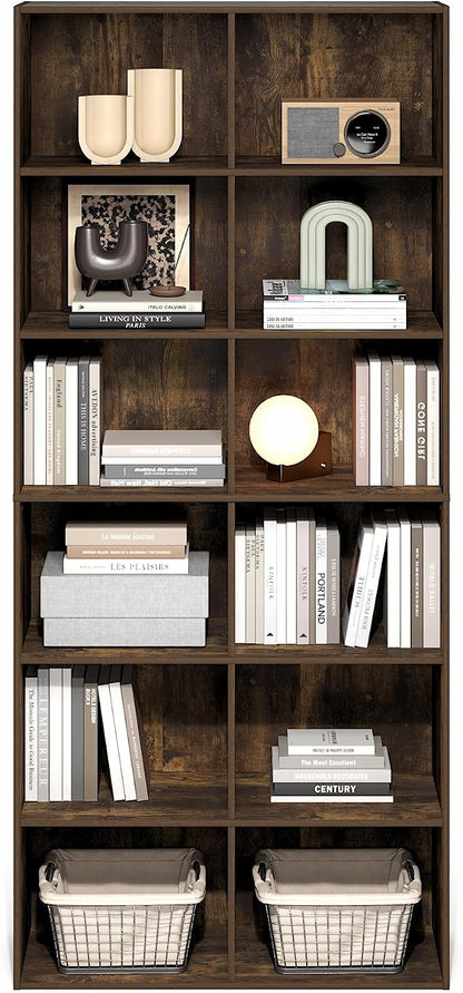 Furinno Basic Book Shelf, 12-Cube Bookshelf, Bookcase with Open Shelf, Cube Storage Organizer, 12 x 32 x 71, for Living Room, Home Office, Amber Pine