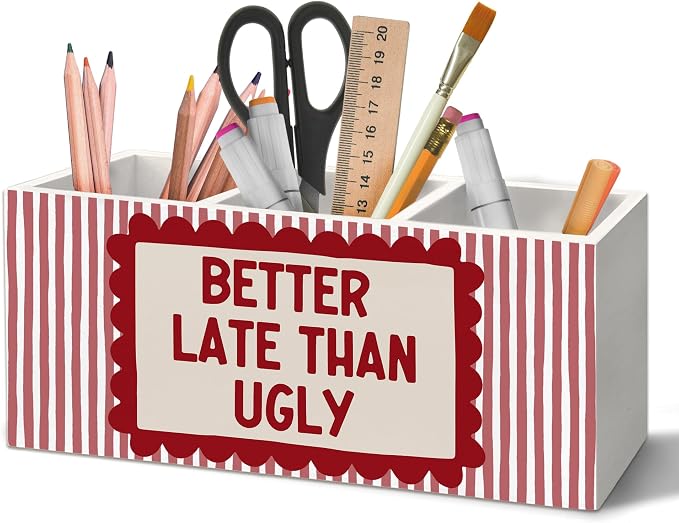 Funny Better Late Than Ugly Pen Makeup Brush Holder Organizer for Desk Accessories, Girls Room Decor, Preppy Retro Red Striped Wooden Box Sign Desk Decorations for Girls Room Bedroom Decor