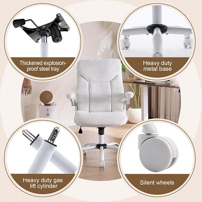 Fabric Executive Office Chair - Ergonomic Computer Chair with Flip-up Arms Comfy Cloth Home Desk Chairs Mid Back Support Adjustable Height Tilt Lock Swivel Rolling Wheels, White
