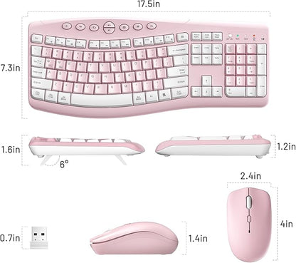 Wireless Keyboard and Mouse Combo,2.4G Full Size Ergonomic Curved Silent Keyboard with Fn Multimedia Keys for Office and Home, 3-DPI Quiet Mouse for Windows,Mac OS Desktop/Laptop/PC (Light Pink-A)