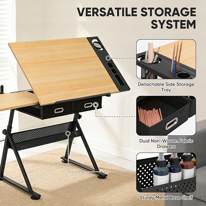 Magshion Professional Drafting Table for Adults w/Stool, Tilting Wooden Tabletop & Adjustable Height, Art Craft Desk Watercolor Painting Sketching Work Station for Studio Home Office School (Natural)