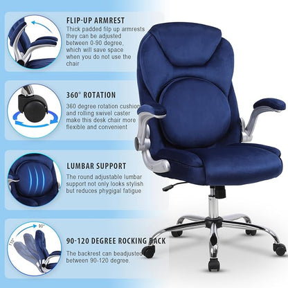 Executive Office Chair with Lumbar Support, Back Support Office Chairs with Wheels, 90-120°Rocking High Back Ergonomic Desk Chair with Flip-up Armrs, Home Computer Chair (Blue)