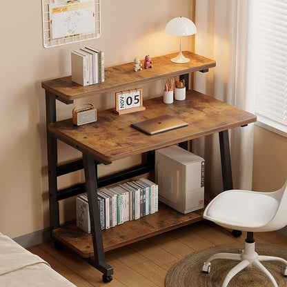 31.5 Inch Rolling Computer Desk for Small Spaces, Monitor Stand & 3-Tier Storage with Lockable Wheels, Easy Assembly for Bedroom, Dorm & Apartment