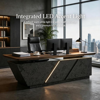 SAINTCY 78.7 Inch Adjustable Executive Desk - Luxury L Shaped Desk with Drawers, Large Table with File Cabinets, Executive Office Desks with LED Light Strip Home Office Desk for Professionals