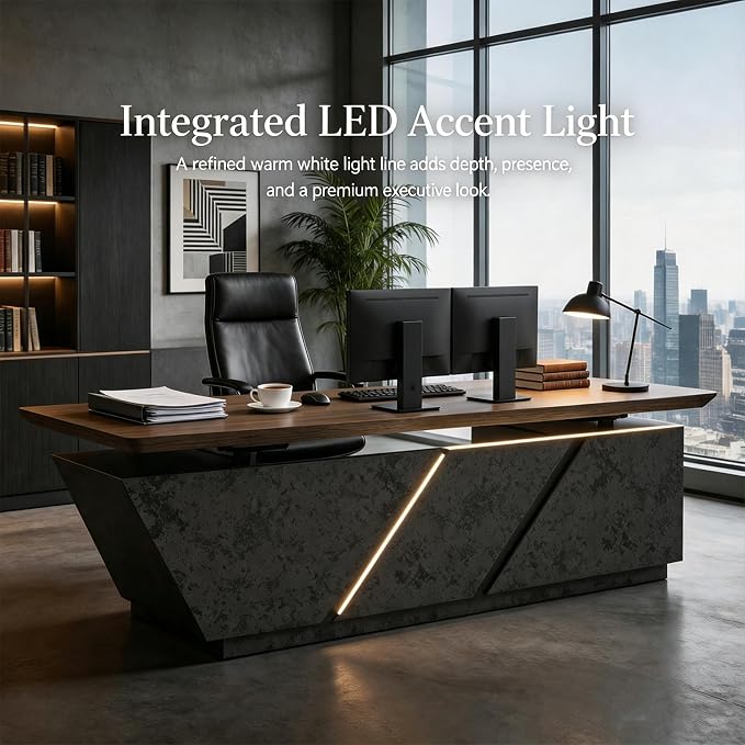 SAINTCY 94.5in Adjustable Executive Desk - Luxury L Shaped Desk with Drawers, Large Table with File Cabinets, Executive Office Desks with LED Light Strip Home Office Desk for Professionals