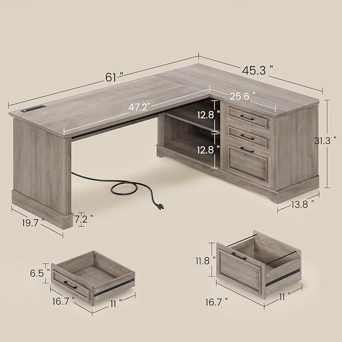 SEDETA Executive Desk, 61" Farmhouse L Shaped Desk with File Drawers, Office Desk with Drawers and Power Outlets, Computer Desk with Storage Shelves for Home Office, Grey