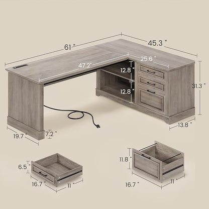 SEDETA Executive Desk, 61" Farmhouse L Shaped Desk with File Drawers, Office Desk with Drawers and Power Outlets, Computer Desk with Storage Shelves for Home Office, Grey