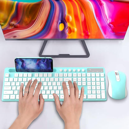 Wireless Keyboard and Mouse Combo, MARVO 2.4G Ergonomic Wireless Computer Keyboard with Phone Tablet Holder, Silent Mouse with 6 Button, Compatible with MacBook, Windows (Blue)