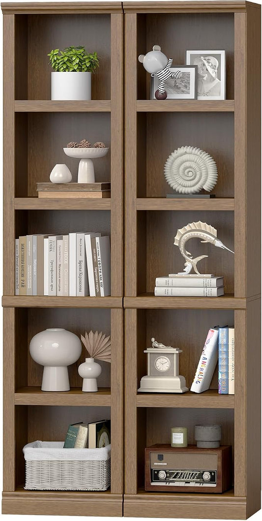 blini Wooden Bookshelf and Bookcase 5 Tier Narrow Bookshelves Set of 2, Vintage Oak Tall Bookshelf with Storage Cabinets for Living Room, Home Office, Library (Vintage Oak, 5-Shelf Narrow)
