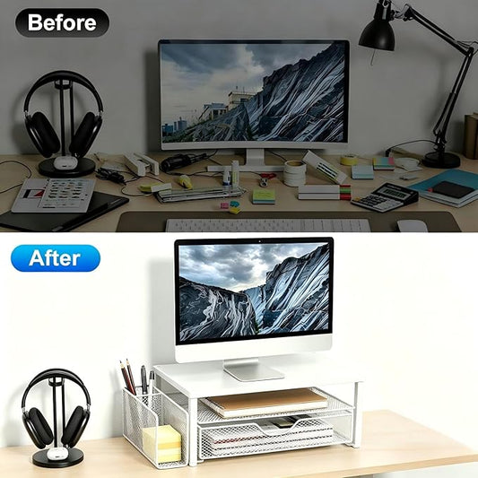 Spacrea Desk Organizer and Accessories, Computer Monitor Stand Riser with Drawer and 1 Open Pen Holder, Printer & Laptop Stand, Office Desk Accessories for Home Office Supplies (White)